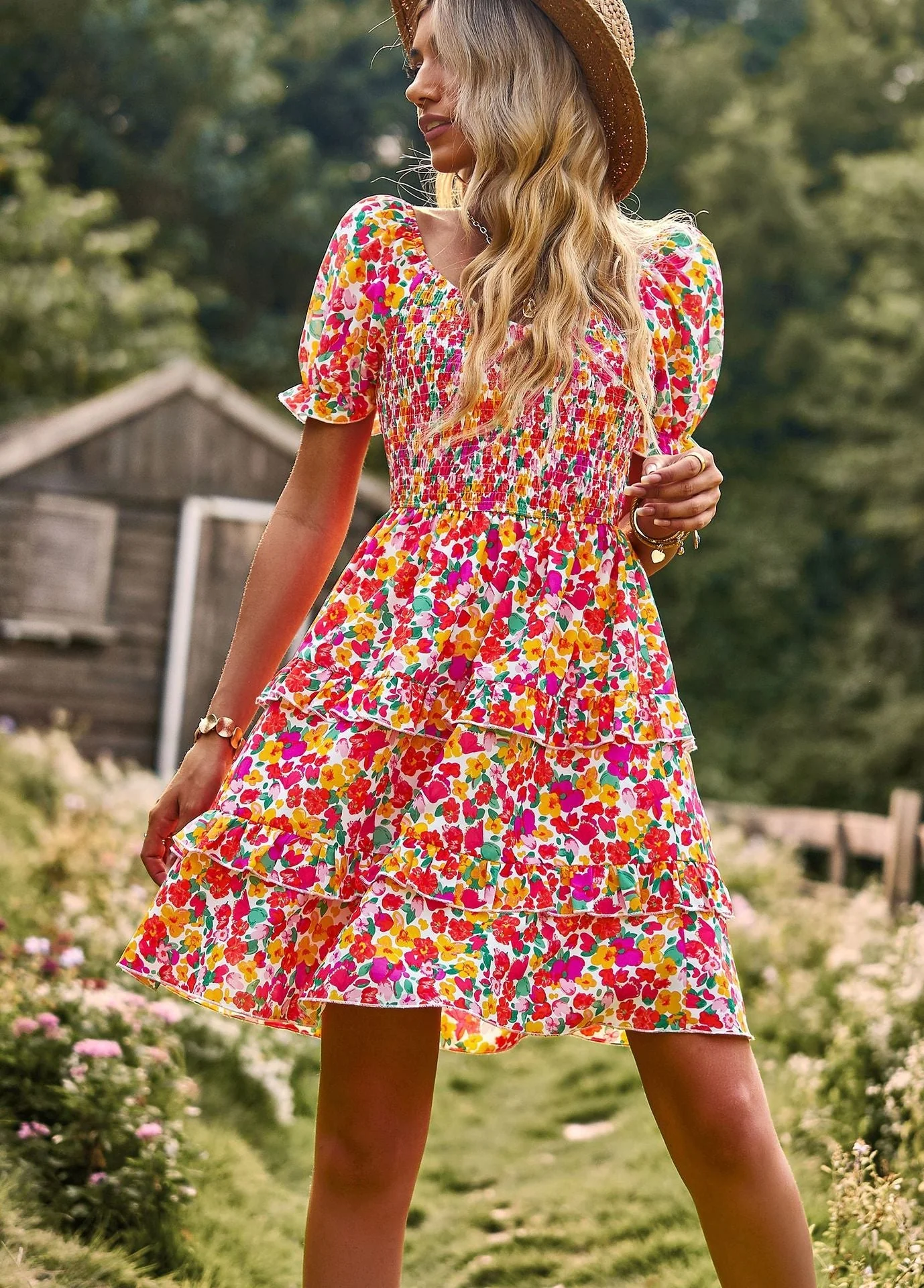 Dames Bohemian Bloemen Pofmouw Jurk - Sienna - Afbeelding 9