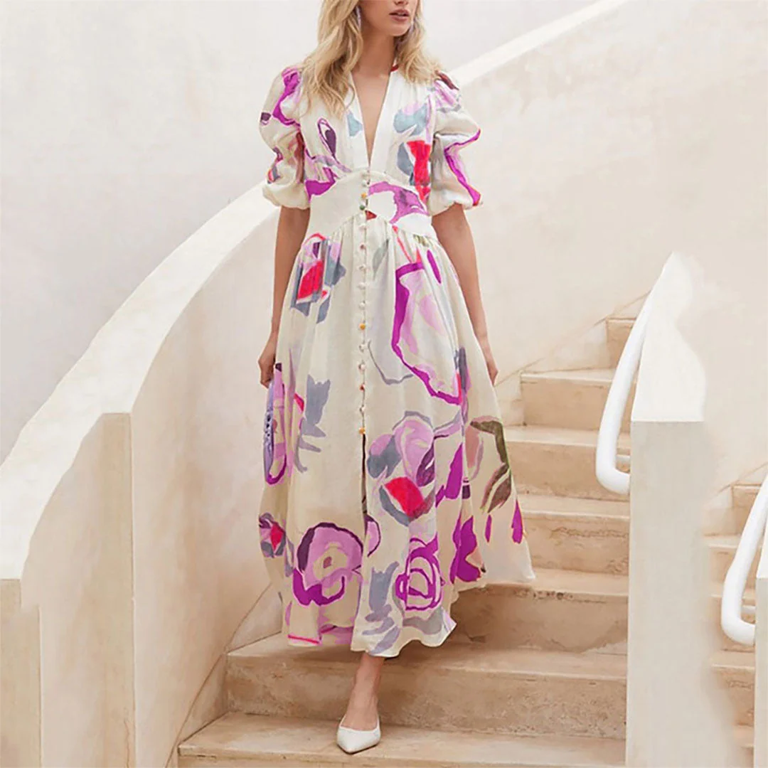 Damesjurk met V-hals en knoopdetails Bloemen Maxi Zomerjurk - Lisa - Afbeelding 2