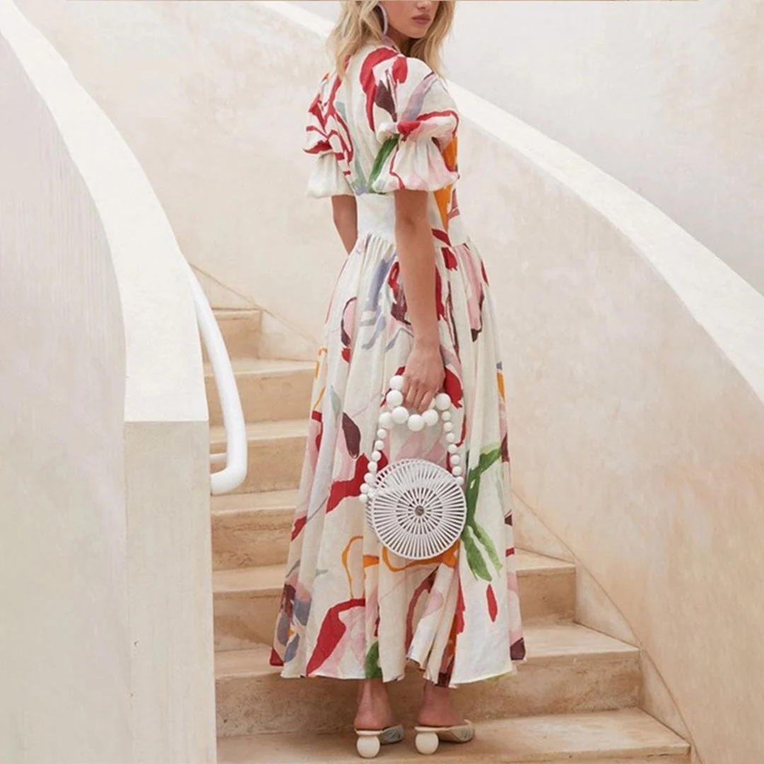 Damesjurk met V-hals en knoopdetails Bloemen Maxi Zomerjurk - Lisa - Afbeelding 3