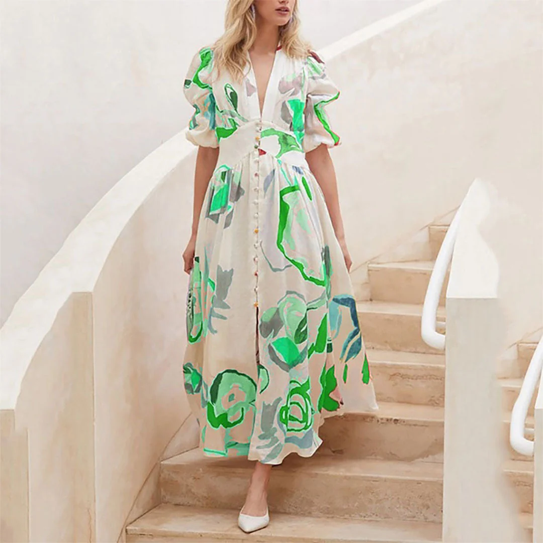 Damesjurk met V-hals en knoopdetails Bloemen Maxi Zomerjurk - Lisa - Afbeelding 6