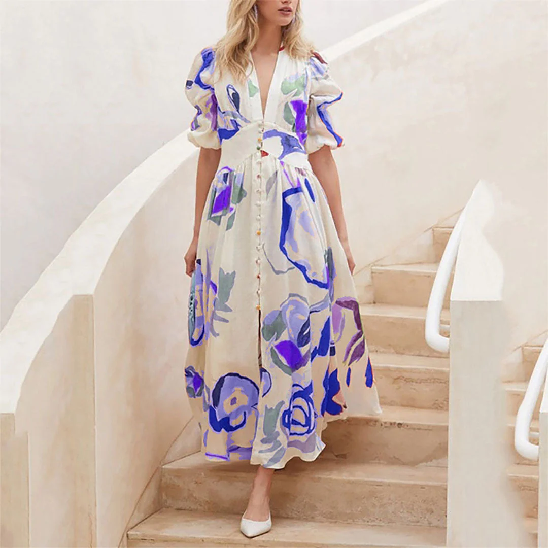 Damesjurk met V-hals en knoopdetails Bloemen Maxi Zomerjurk - Lisa - Afbeelding 7