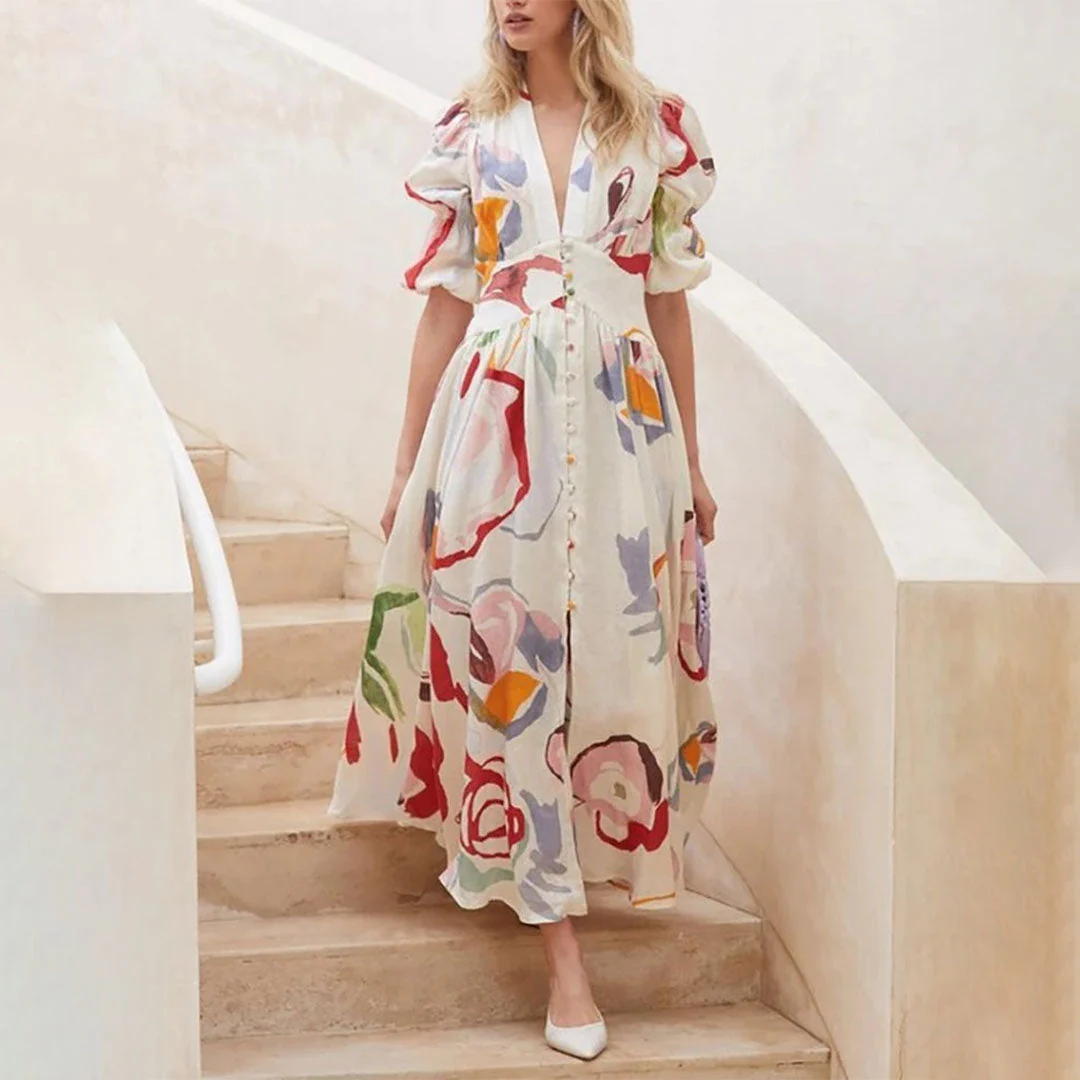Damesjurk met V-hals en knoopdetails Bloemen Maxi Zomerjurk - Lisa - Afbeelding 8
