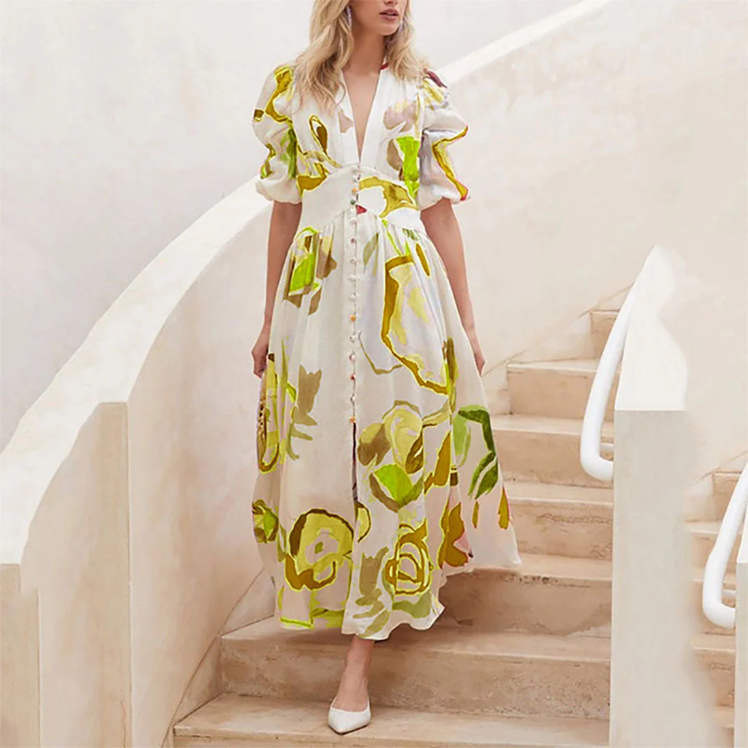 Damesjurk met V-hals en knoopdetails Bloemen Maxi Zomerjurk - Lisa - Afbeelding 9